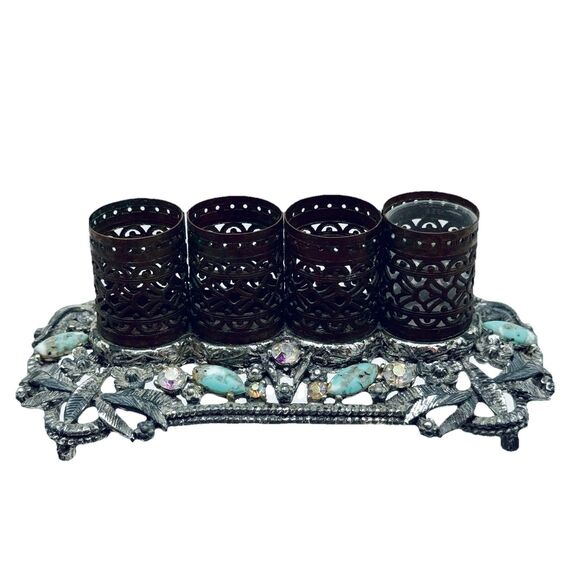 Vintage Sam Fink Jewel Rhinestone & Stone Vanity 4 Lipstick Holder Caddy - Picture 6 of 11